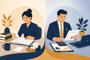 Bookkeeper organizing records beside an accountant reviewing financial reports in a flat vector illustration.