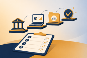 Flat vector checklist with bank, accounting software, folder, and checkmark icons shown as rising workflow steps.
