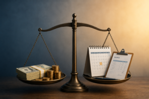 Balance scale comparing cash received today with invoices and a calendar representing accrual accounting.