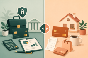 Business and personal finances shown in separate workspaces with banking, shopping, and budgeting icons.